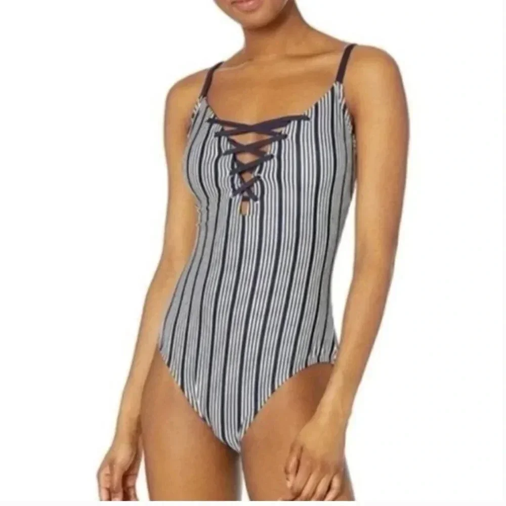 Nautica Dock Lines Lace Up One Piece Swimsuit Small